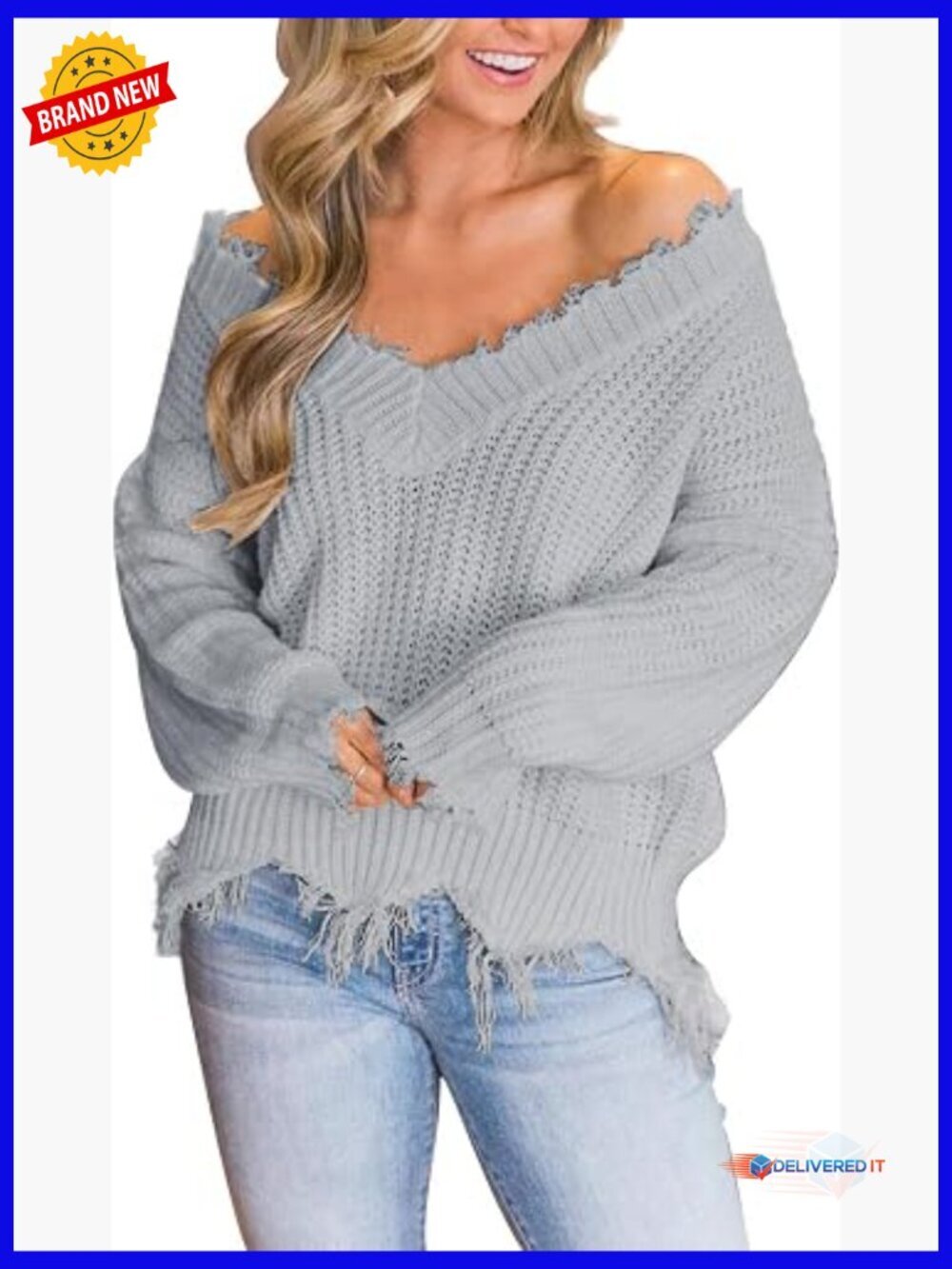 Loose Knitted Off Shoulder Sweater V Neck Long Sleeve Pullover Crop Top